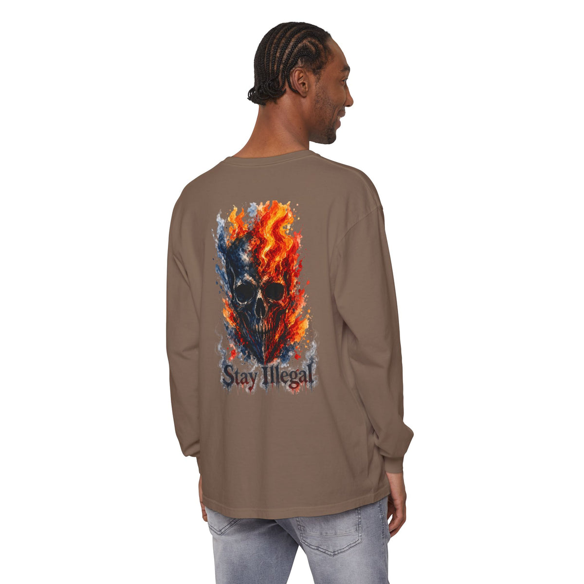 Back Print Long Sleeve T‑Shirt — Stay Illegal Skull/F