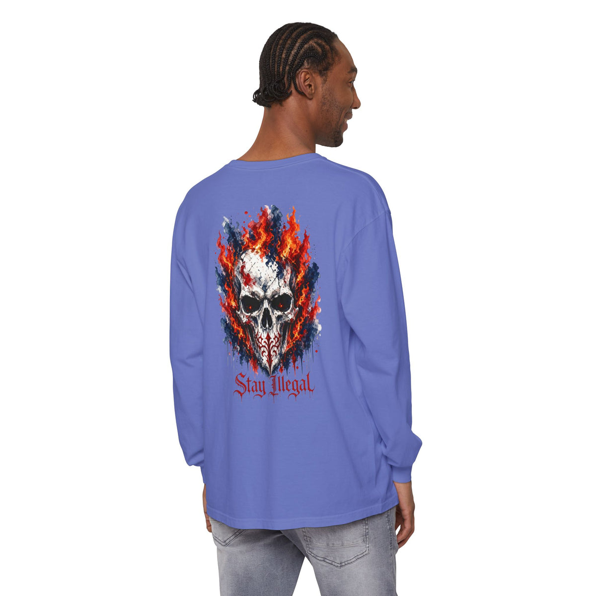 Back Print Long Sleeve T‑Shirt — Stay Illegal Skull/A