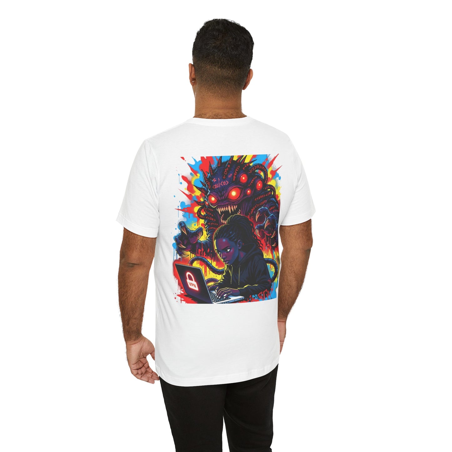 Back Print T‑Shirt — HACKER GIRL/NEON GLITCH VPN