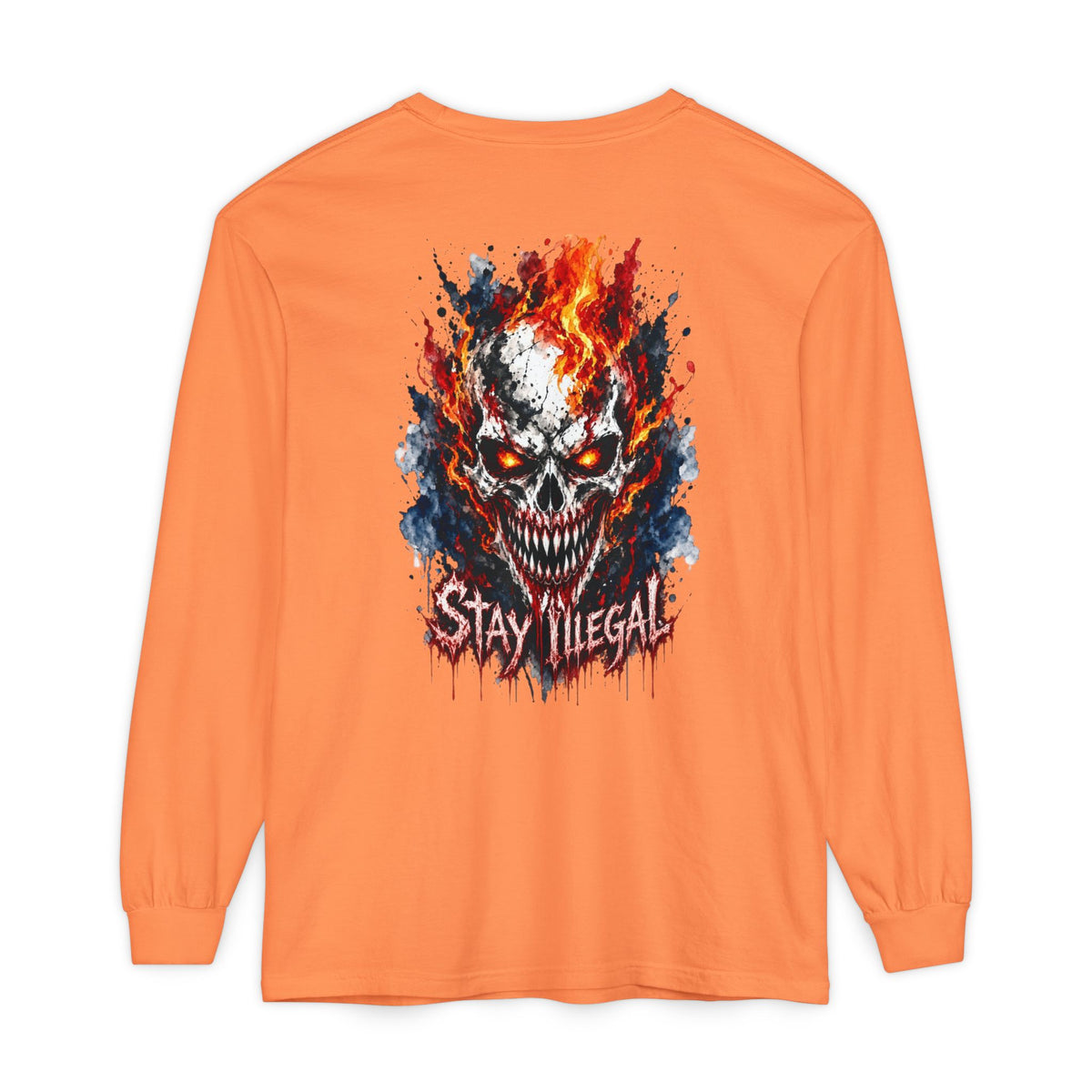 Back Print Long Sleeve T‑Shirt — Stay Illegal Skull/E