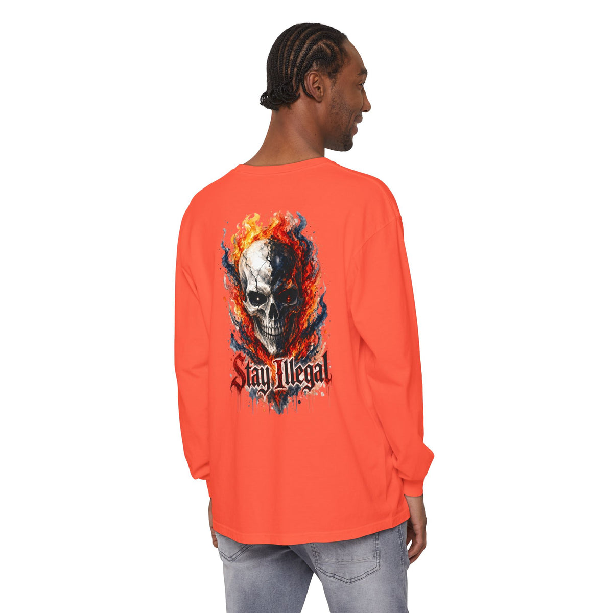 Back Print Long Sleeve T‑Shirt — Stay Illegal Skull/B