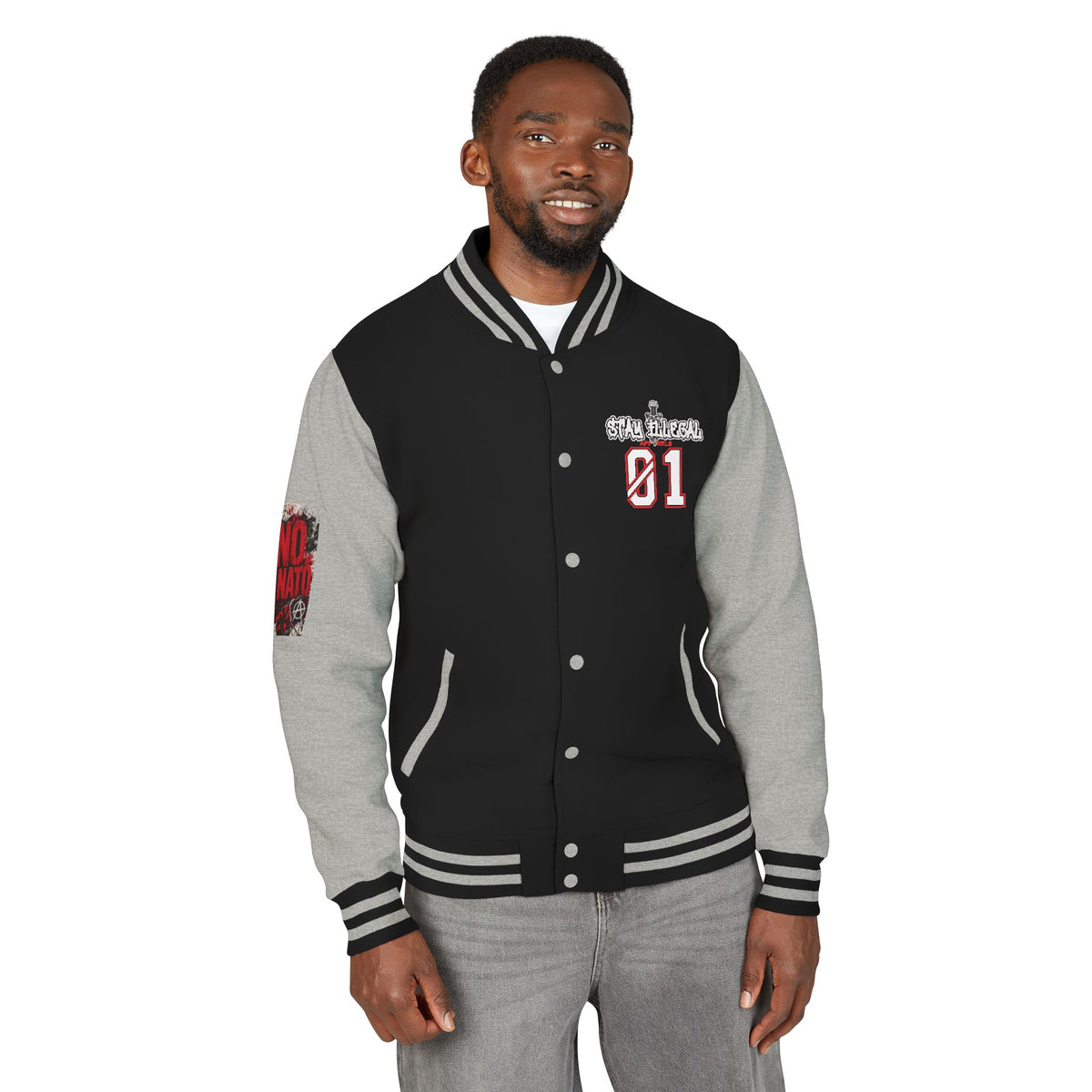 Stay Illegal Varsity Bomber Jacket - Calm Like a Bomb 01 (No To NATO Graphic)