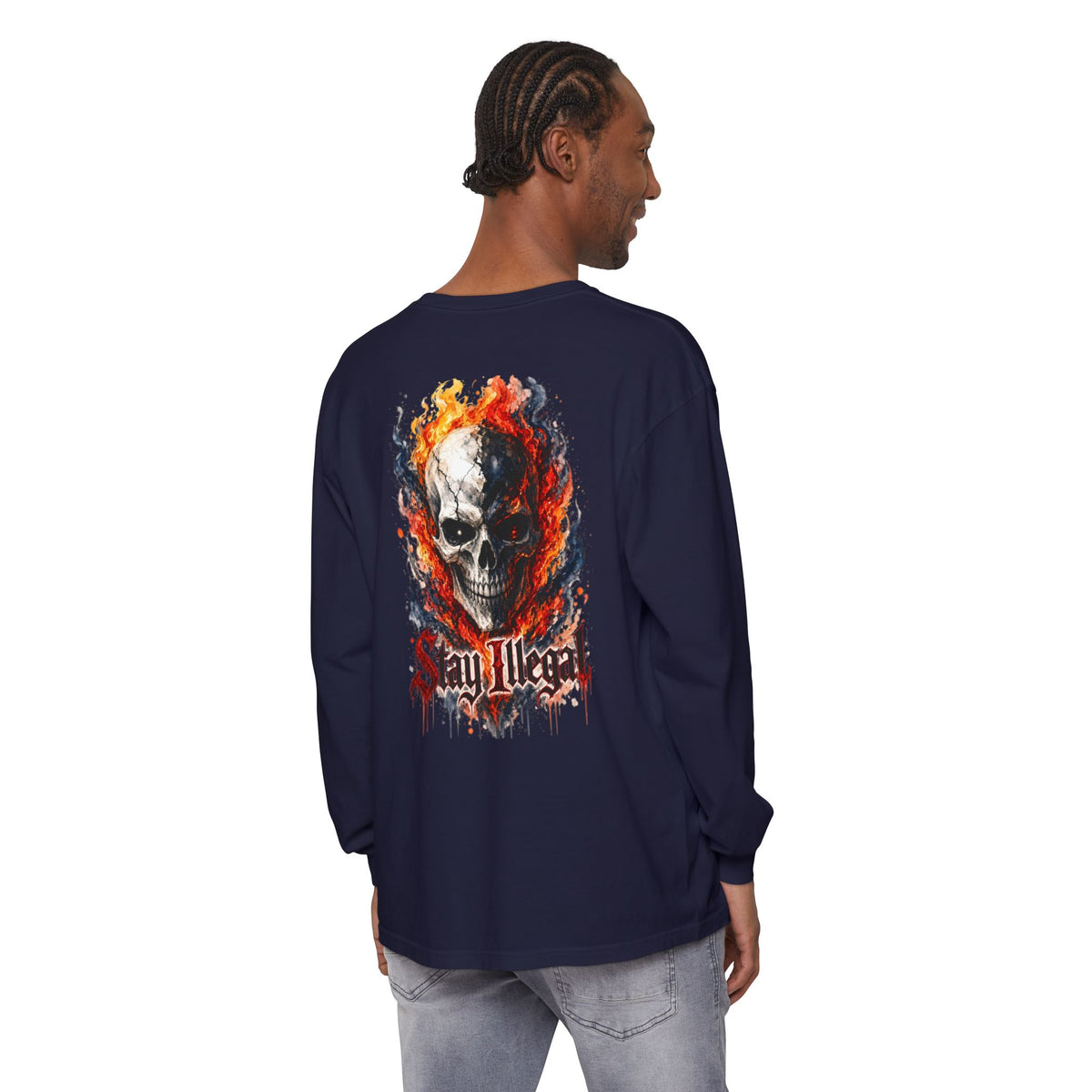 Back Print Long Sleeve T‑Shirt — Stay Illegal Skull/B