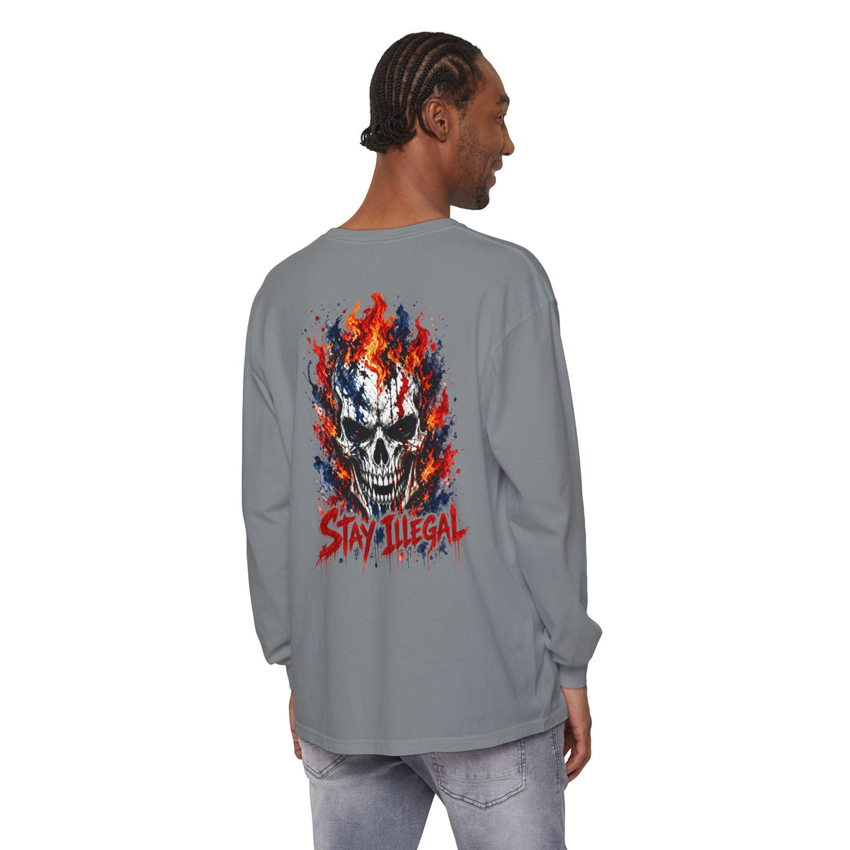 Back Print Long Sleeve T‑Shirt — Stay Illegal Skull/C