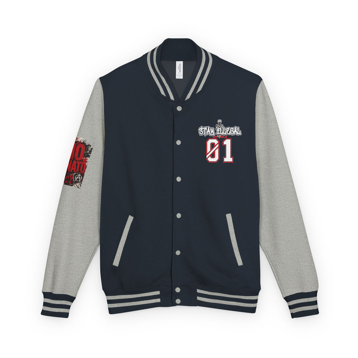 Stay Illegal Varsity Bomber Jacket - Calm Like a Bomb 01 (No To NATO Graphic)