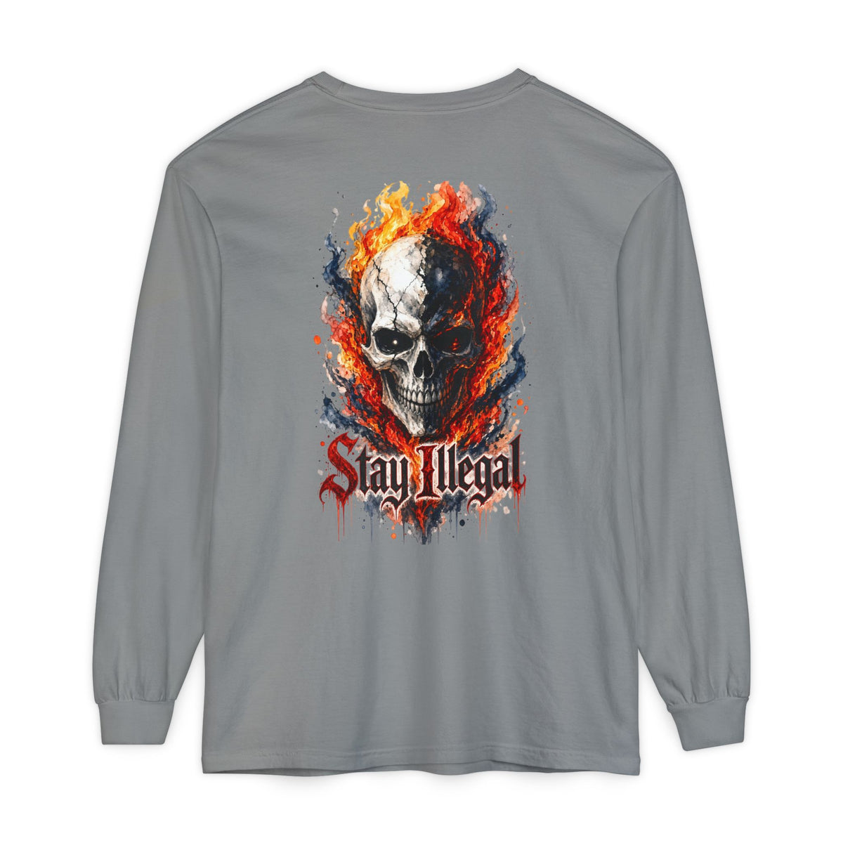 Back Print Long Sleeve T‑Shirt — Stay Illegal Skull/B