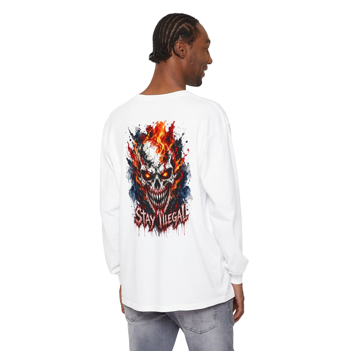 Back Print Long Sleeve T‑Shirt — Stay Illegal Skull/E