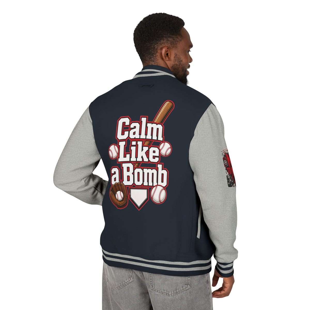 Stay Illegal Varsity Bomber Jacket - Calm Like a Bomb 01 (No To NATO Graphic)