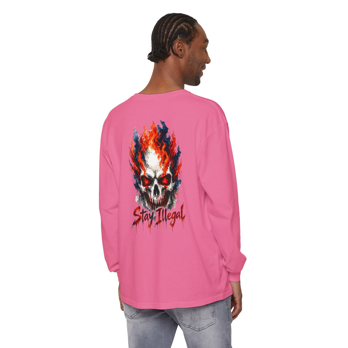 Back Print Long Sleeve T‑Shirt — Stay Illegal Skull/D