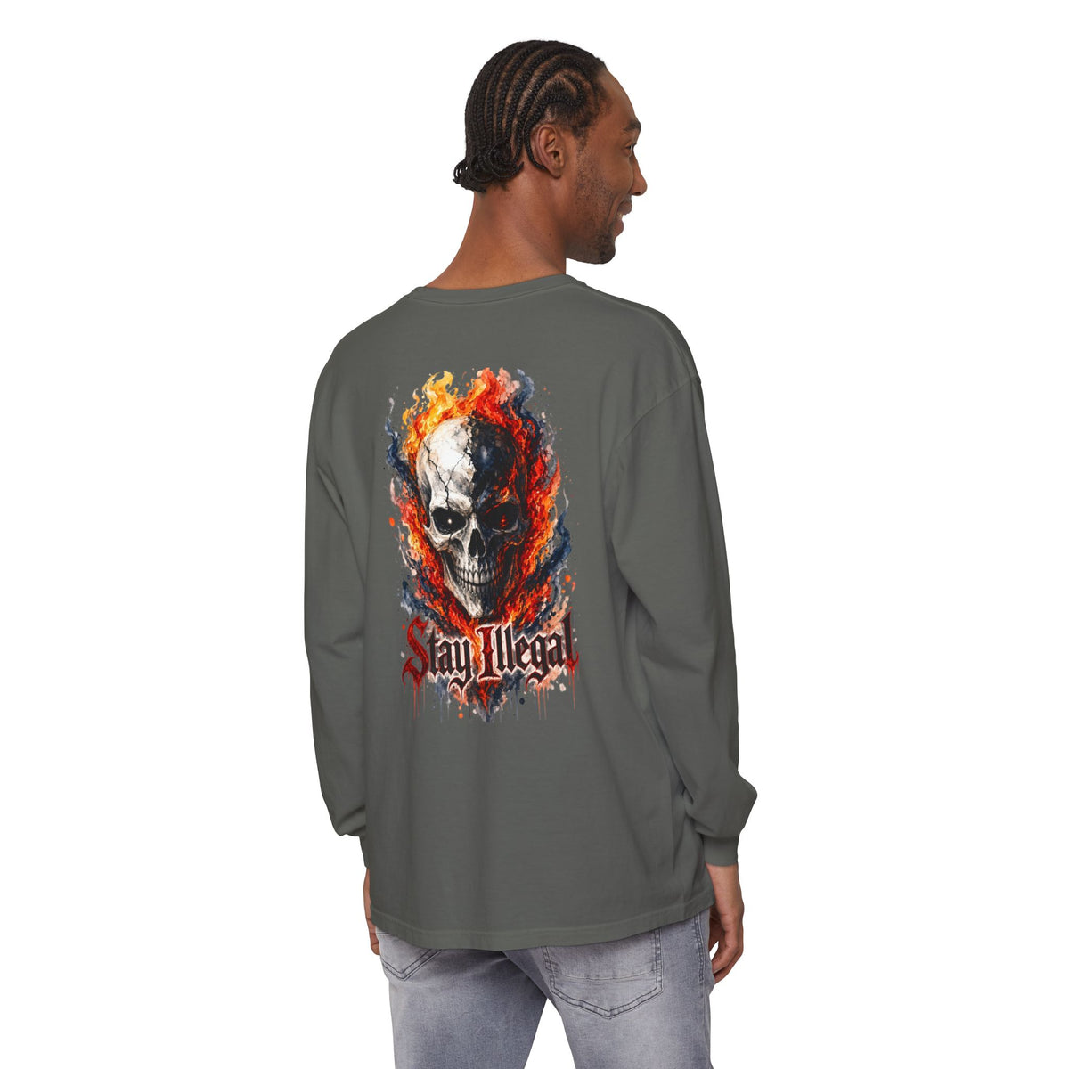 Back Print Long Sleeve T‑Shirt — Stay Illegal Skull/B