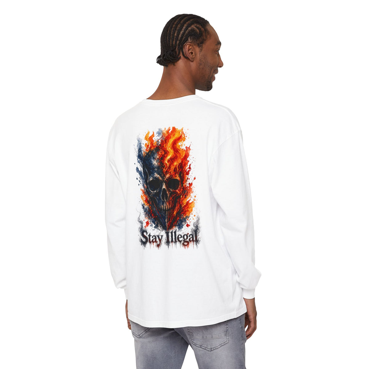 Back Print Long Sleeve T‑Shirt — Stay Illegal Skull/F