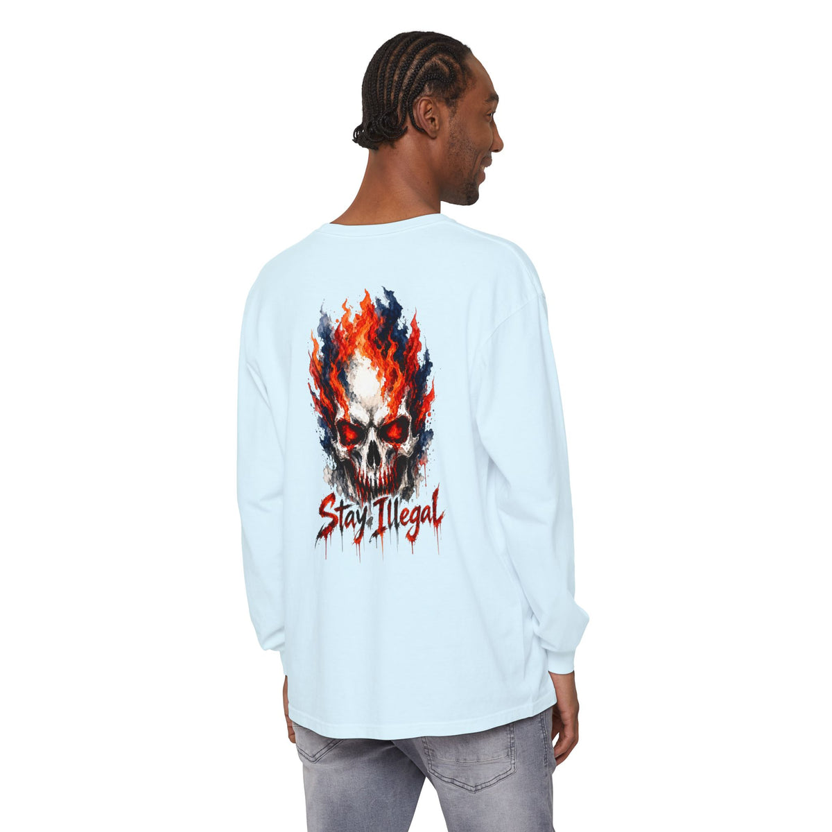 Back Print Long Sleeve T‑Shirt — Stay Illegal Skull/D