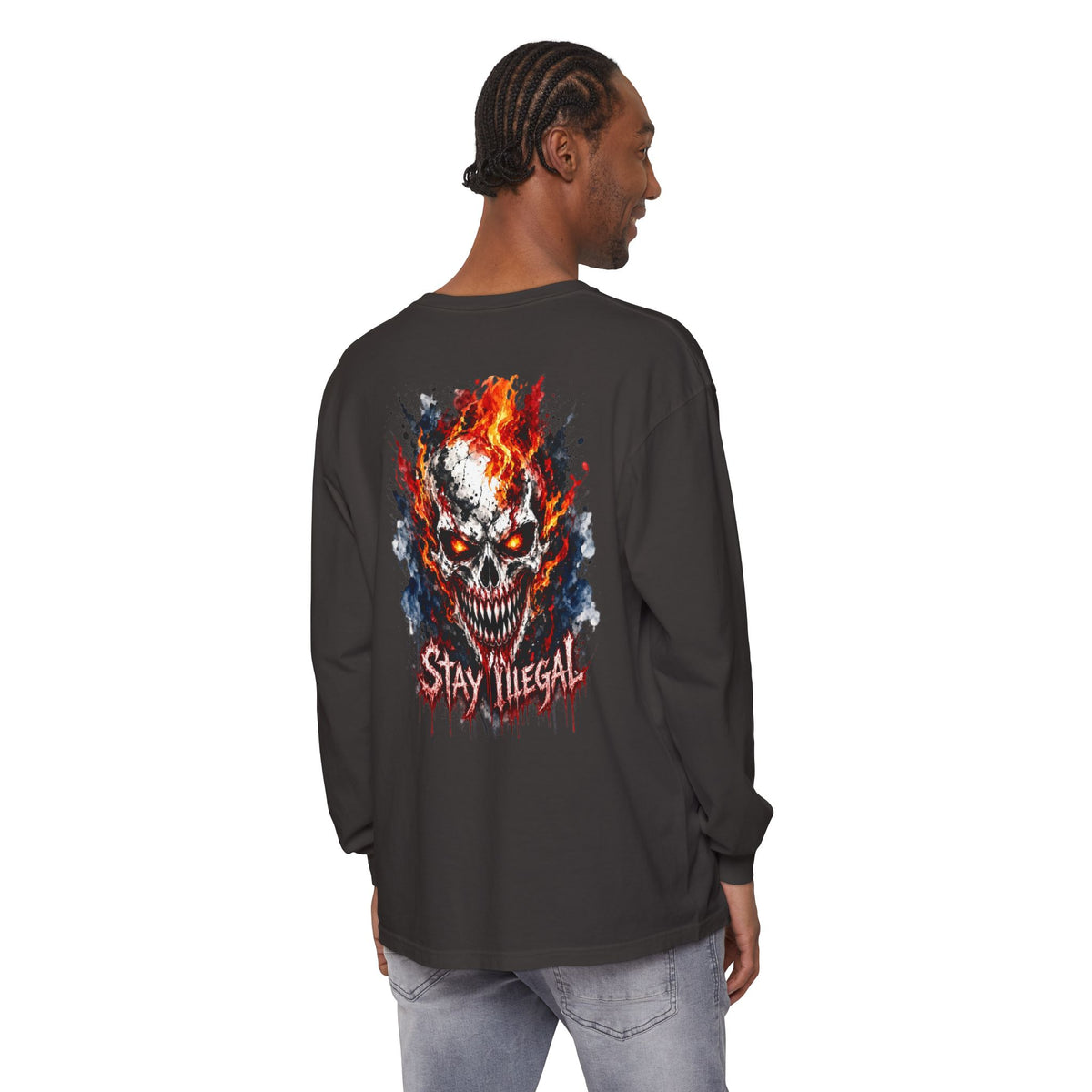 Back Print Long Sleeve T‑Shirt — Stay Illegal Skull/E