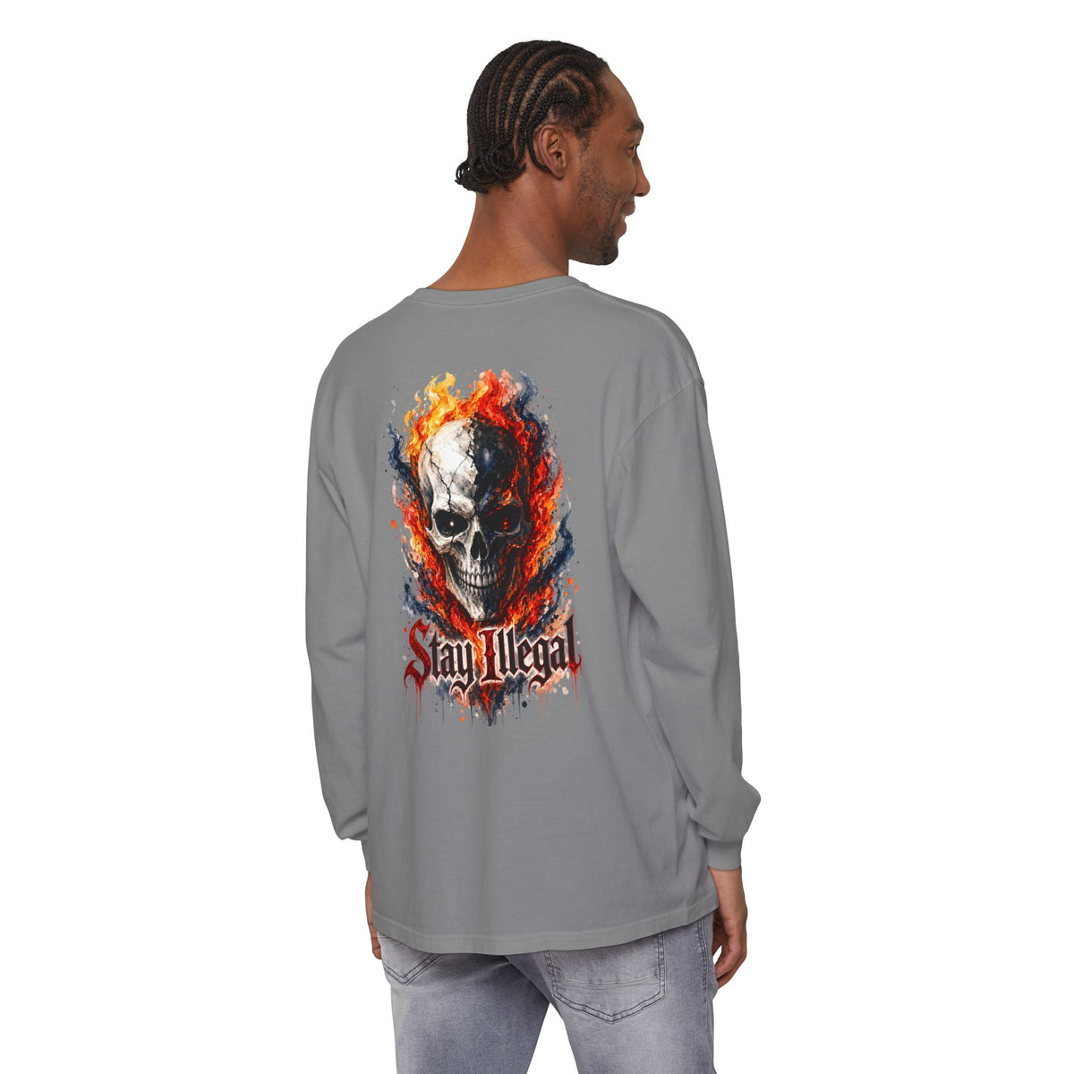 Back Print Long Sleeve T‑Shirt — Stay Illegal Skull/B