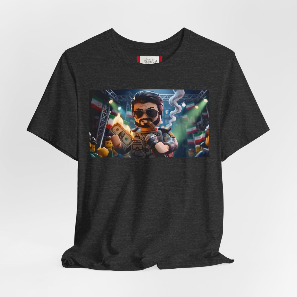 Propaganda T‑Shirt — IRAN LEGOS — IRGC Burn The Dollars